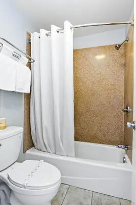 a bathroom with a toilet and a shower curtain at 3rd Avenue Inn in La Habra