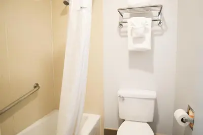 a bathroom with a toilet and a shower curtain at Days Inn by Wyndham West Covina in West Covina