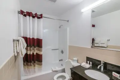 a bathroom with a toilet and a sink and a shower at Red Roof Inn Palmdale - Lancaster in Palmdale