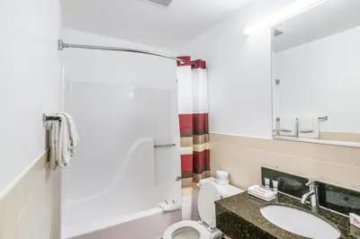 a bathroom with a sink and a toilet and a mirror at Red Roof Inn Palmdale - Lancaster in Palmdale