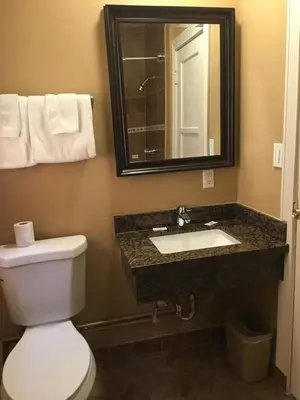 a bathroom with a toilet and a sink and a mirror at Budget Inn LAX-Lawndale in Lawndale