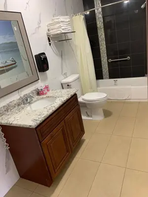 a bathroom with a sink and a toilet at norwalk inn & suites in Norwalk