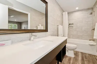 a bathroom with a sink and a toilet and a mirror at Big Bear Frontier in Big Bear Lake