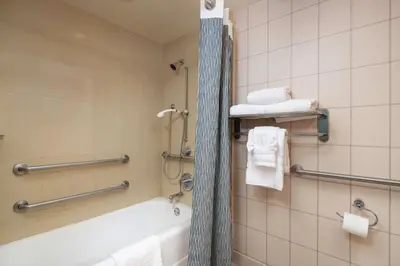a bathroom with a tub and a shower with towels at Hotel Lulu, BW Premier Collection in Anaheim