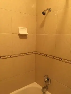 a bathroom with a shower with a bath tub at Mountain Inn in Ontario
