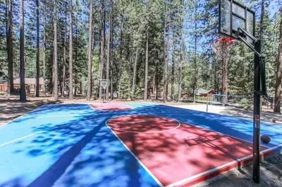 a basketball court with a basketball hoop in a forest at The Lodge at Snow Summit Home in Big Bear Lake