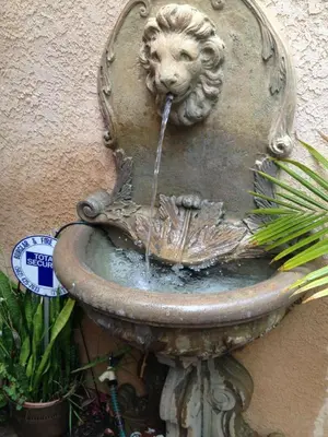 a fountain with a lion drinking water from it at 