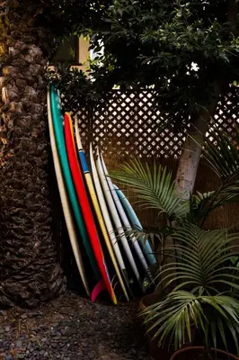 a bunch of surfboards leaned up against a fence at The Venice Beach House in Los Angeles