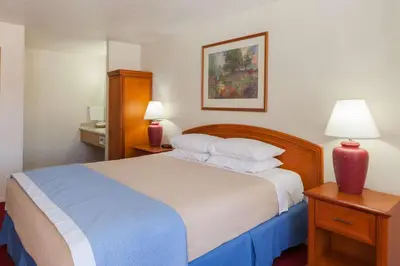 a bedroom with a large white bed with two lamps at Days Inn by Wyndham Castaic Six Flags Magic Mountain in Castaic