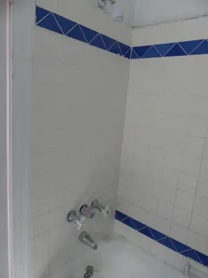 a bathroom with a shower with blue and white tiles at Hotel del Flores in Los Angeles
