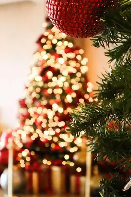 a christmas tree with a red ornament on it at The Beverly Hilton in Los Angeles