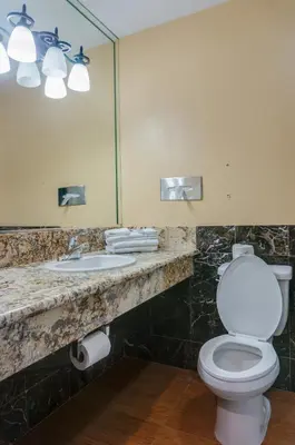a bathroom with a toilet and a sink and a mirror at Redondo Beach Inn-LAX in Gardena