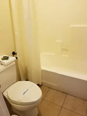 a bathroom with a toilet and a bath tub at Fireside Lodge in Big Bear Lake