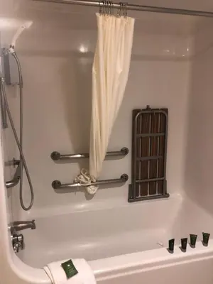 a bath tub with a shower and a curtain at Fireside Lodge in Big Bear Lake