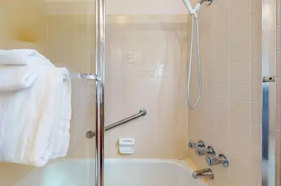 a bathroom with a shower and a bath tub at Dancing Bear Chalet in Lake Arrowhead