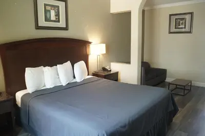 a hotel room with a bed and a chair at Harbor Inn & Suites in Anaheim