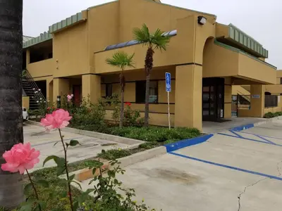 a building with palm trees in front of it at Claremont Lodge in Claremont