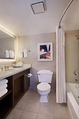 a bathroom with a toilet and a sink and a tub at Embassy Suites by Hilton Anaheim North in Anaheim
