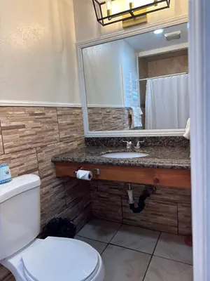a bathroom with a toilet and a sink and a mirror at Bartlett Motel in Lomita