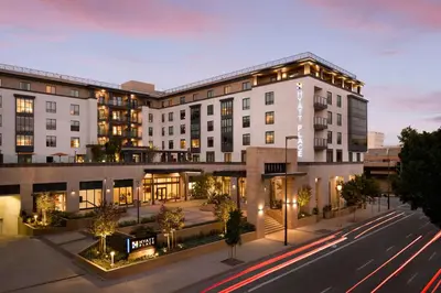 an aerial view of a building on a city street at Hyatt Place Pasadena in Pasadena