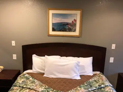 a bed with white pillows and a picture on the wall at Starlight Inn, Valley Blvd - Downtown LA in Los Angeles