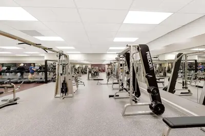 a gym with rows of treadmills and skis at Hilton Anaheim in Anaheim