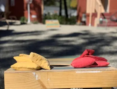 a group of hats sitting on top of a table at Grand Pine Cabins in Wrightwood