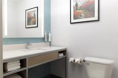 a bathroom with a sink and a toilet and a mirror at Hilton Garden Inn Ontario Rancho Cucamonga in Rancho Cucamonga