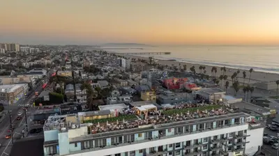 an aerial view of a city and the beach at Hotel Erwin Venice Beach in Los Angeles