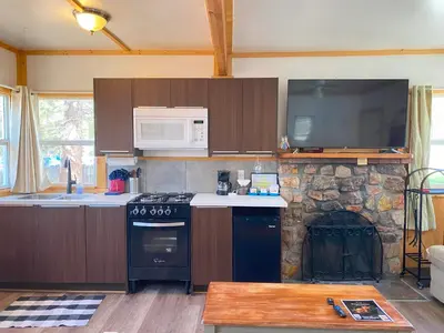a kitchen with a stove and a stone fireplace at Blue Horizon Lodge in Big Bear Lake