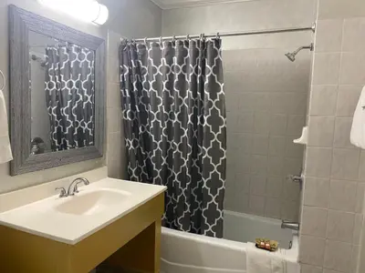 a bathroom with a sink and a shower at Villa Park Motel in Orange