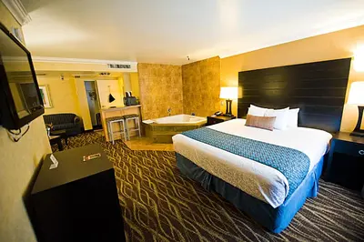 a hotel room with a bed and a bath tub at Hotel d'Lins Ontario Airport in Ontario