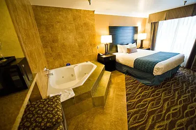 a hotel room with a bed and a bath tub at Hotel d'Lins Ontario Airport in Ontario