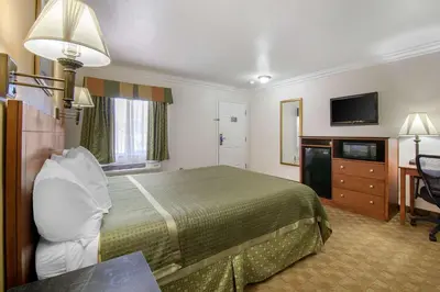 a hotel room with a bed and a flat screen tv at Rodeway Inn Adelanto US 395 in Adelanto