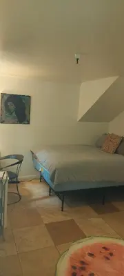 a bedroom with a bed and a chair and a table at Ocean Front Vortex Female Hostel private rooms Free bikes in Los Angeles