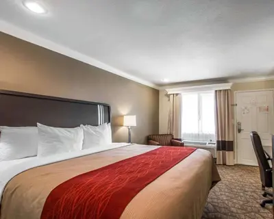 a hotel room with a large bed and a window at Quality Inn Downey in Downey