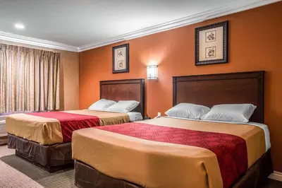 two beds in a hotel room with orange walls at Baymont by Wyndham Ontario in Ontario