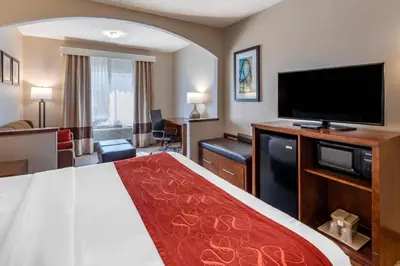 a hotel room with a bed and a flat screen tv at Comfort Suites Near Six Flags Magic Mountain in Stevenson Ranch