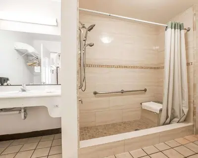 a bathroom with a shower and a sink at Palm Inn Hotel near Tyler Mall Riverside in Riverside