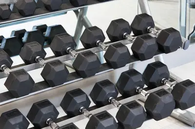 a row of dumbbells on a rack in a gym at AC Hotel by Marriott Los Angeles South Bay in Los Angeles