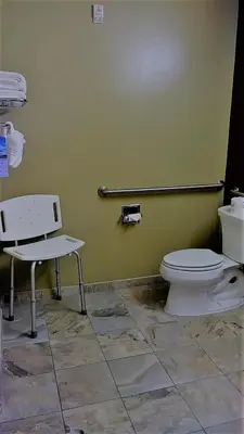 a bathroom with a toilet and a chair in it at Microtel Inn & Suites by Wyndham Wheeler Ridge in Wheeler Ridge