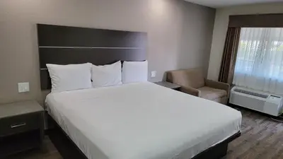 a bedroom with a large white bed and a chair at Travelodge by Wyndham Buena Park in Buena Park