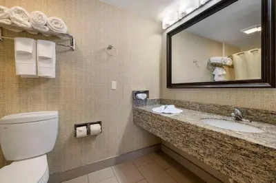 a bathroom with a toilet and a sink and a mirror at Best Western Los Angeles Worldport Hotel in Wilmington