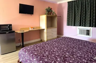 a bedroom with a bed and a desk and a television at Travel Inn Downtown LA in Los Angeles