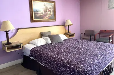 a bedroom with a large bed with purple walls at Travel Inn Downtown LA in Los Angeles
