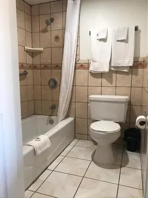 a bathroom with a toilet and a bath tub with towels at Economy Inn LAX Inglewood in Inglewood