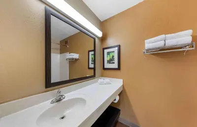 a bathroom with a sink and a large mirror at Extended Stay America Suites - Bakersfield - California Avenue in Bakersfield