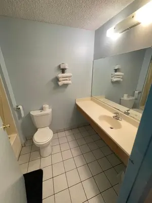 a bathroom with a toilet and a sink and a mirror at Chester Inn Motel in Stanton