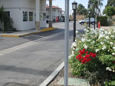 a pole with red and white flowers next to a street at Motel 6-Anaheim, CA in Anaheim