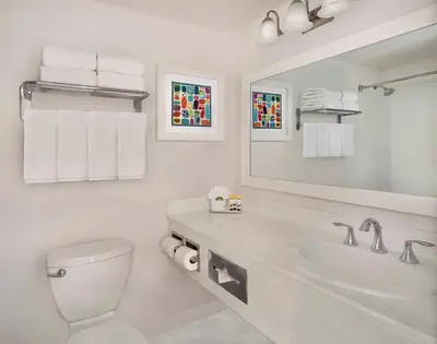 a bathroom with a sink and a toilet and a mirror at Anaheim Hotel in Anaheim